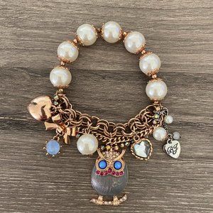 Betsey Johnson Rose Gold Tone Owl Pearl Charm Half Stretch Bracelet
